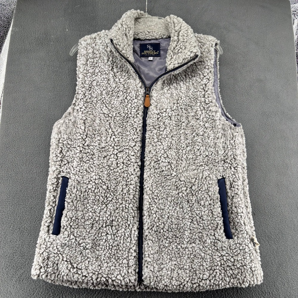 Simply Southern Sherpa Vest Women Large Gray Polyester Regular Full Zip Pockets